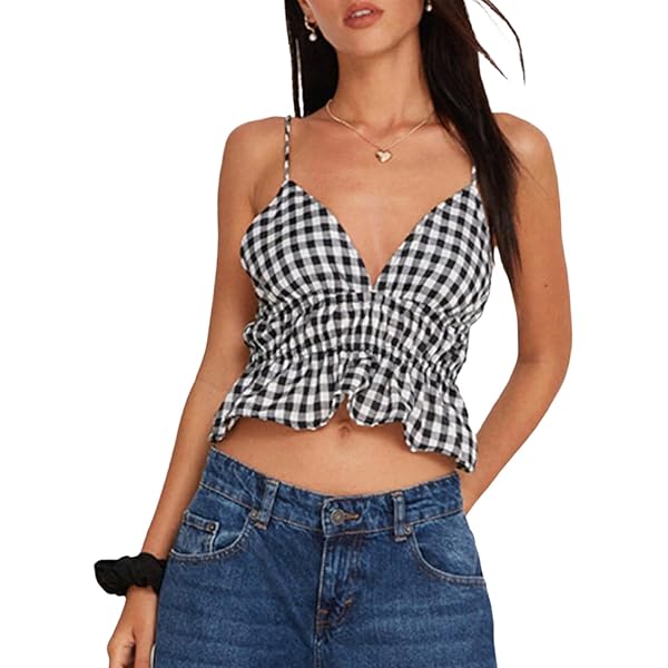 トップス Halterneck Checkjacquard Tops Amazon.com: EFJONE Tops for Women Fashion 2024 Gingham Print